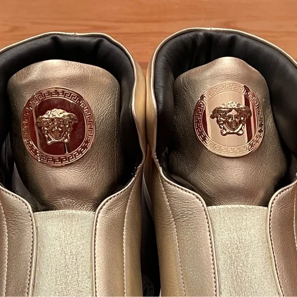 VERSACE Palazzo Gold Leather Sneakers Medusa Plaque Slip on Sneakers 39